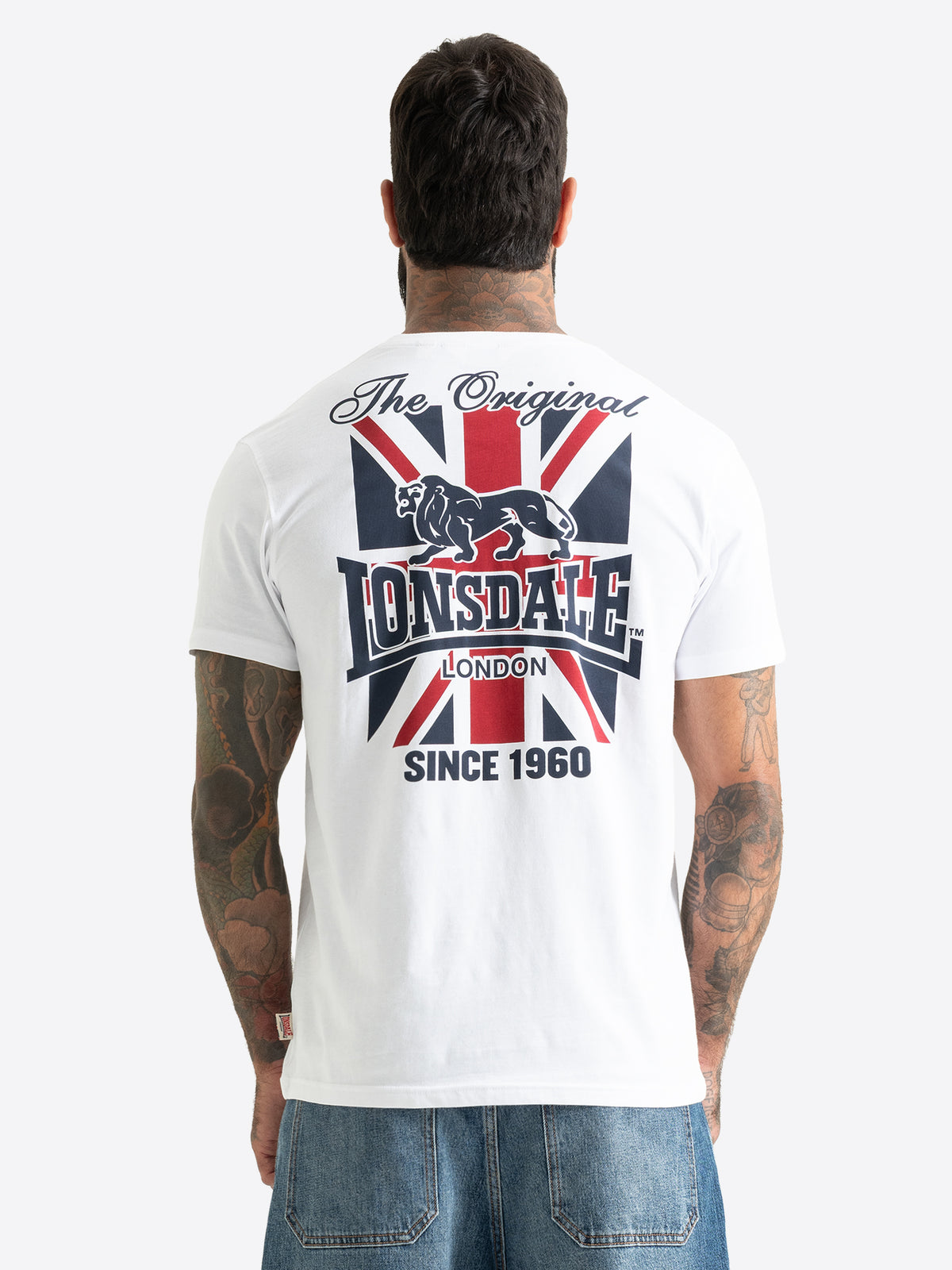 Lonsdale Herren T-Shirt in Weiss mit grossem Union Jack Logo-Print auf dem Rücken.
