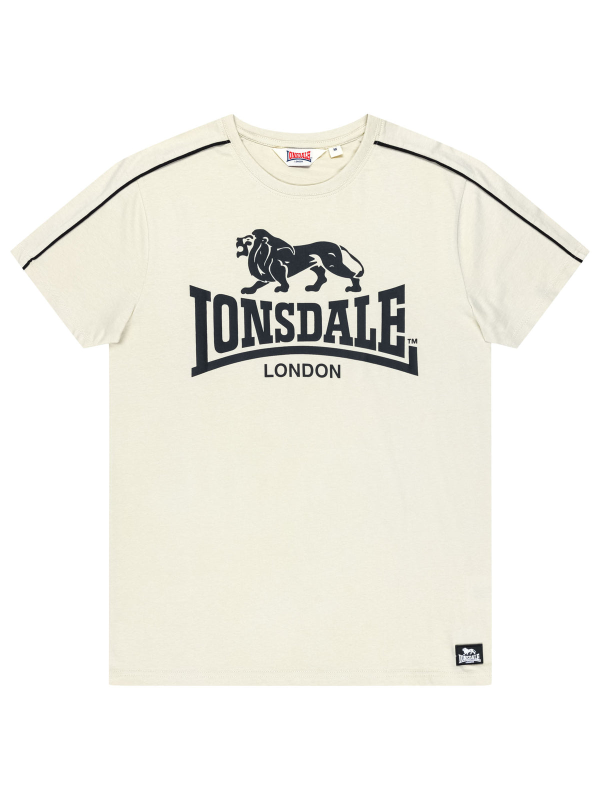 Beiges Lonsdale Herren T-Shirt in normaler Passform mit grossem schwarzem Logo-Brustprint und schwarzen Paspeln.