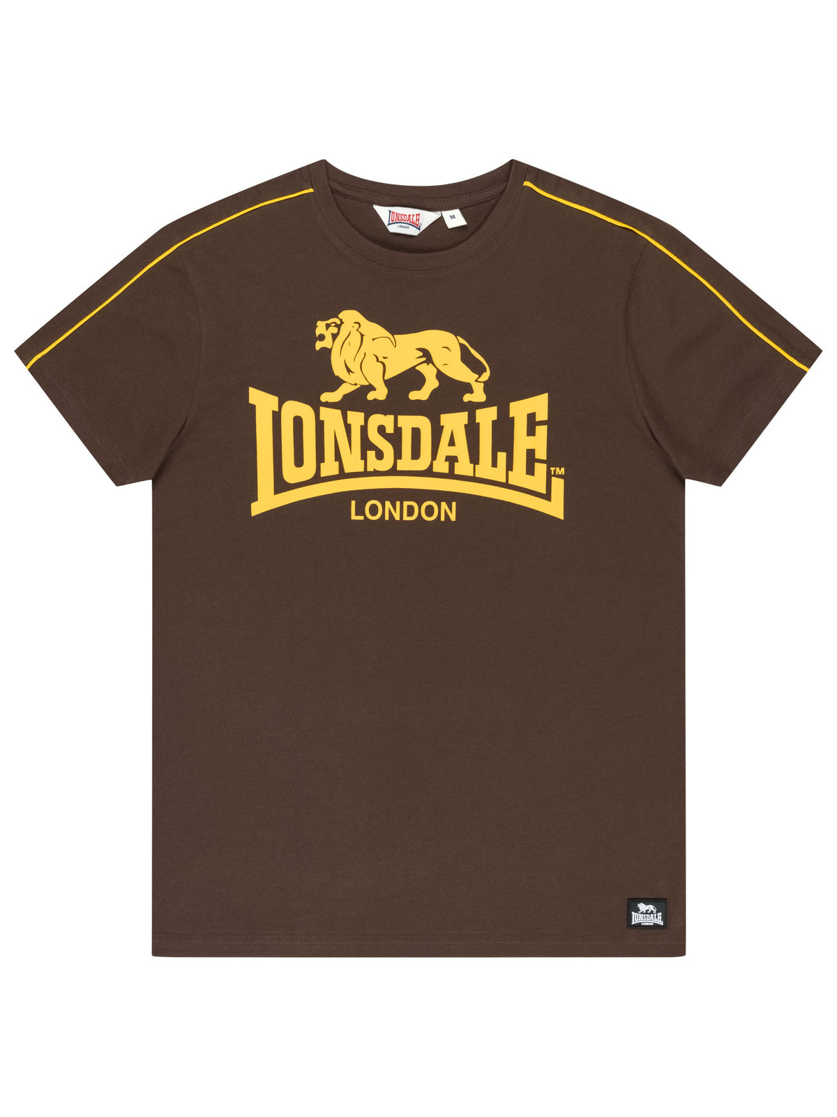 Lonsdale Herren T-Shirt in Braun mit grossem Logo-Brustprint und weissen Paspeln an den Ärmeln.