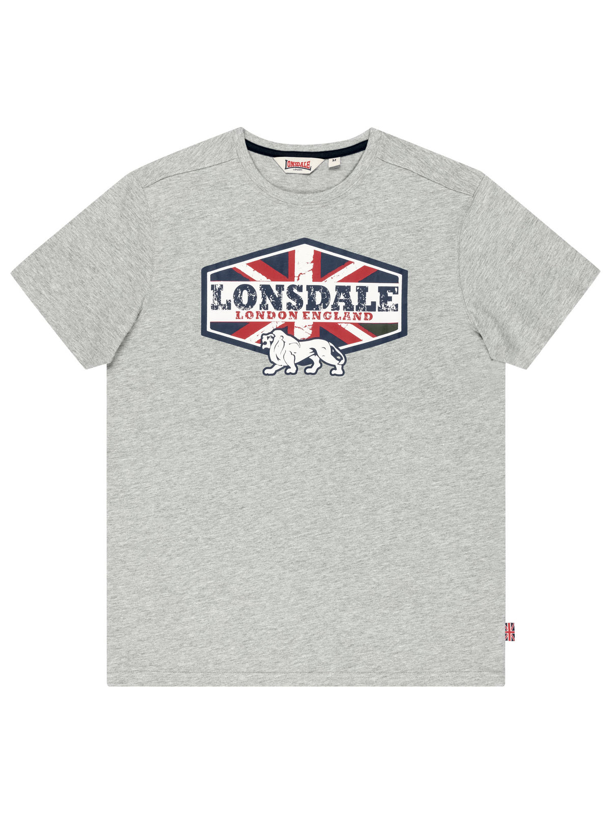 Lonsdale London Herren T-Shirt in Grau mit Union Jack Flagge und Löwen Motiv.
