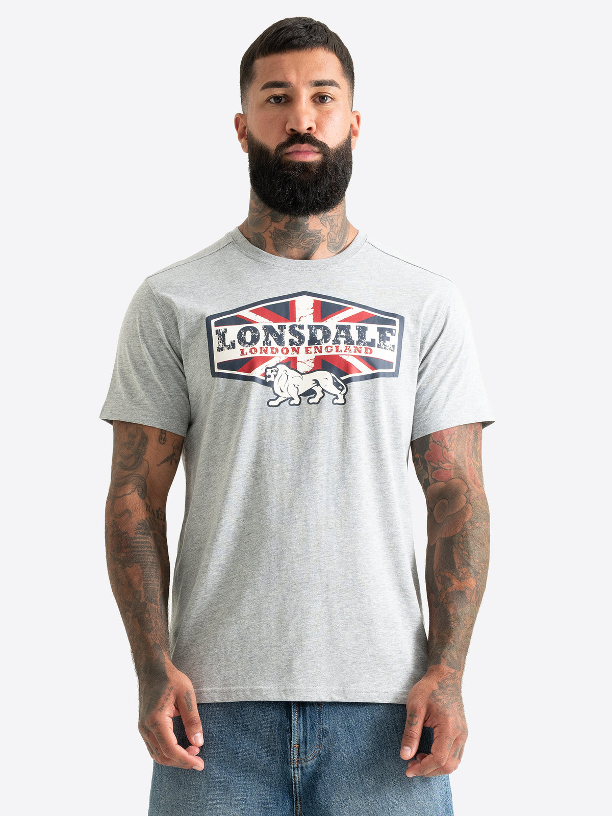 Lonsdale London Herren T-Shirt in Grau mit Union Jack Flagge und Löwen Motiv.
