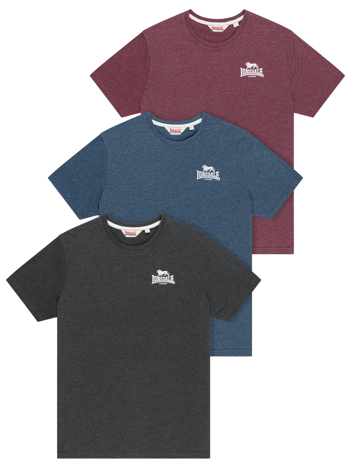 Lonsdale London Herren T-Shirt 3er-Pack in Dunkelgrau, Blau und Dunkelrot mit kleinem Logo.