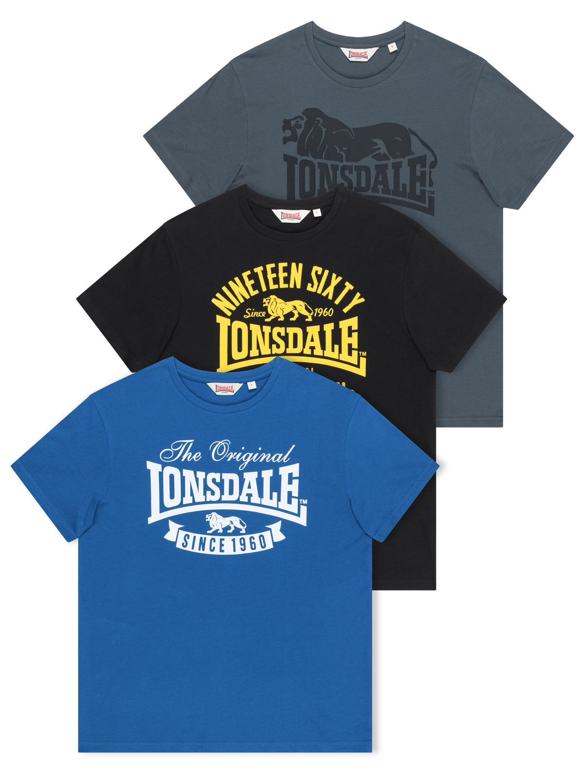 Lonsdale London Herren T-Shirt 3er-Pack in Blau, Schwarz und Dunkelblau mit grossen Vintage Logo-Prints.
