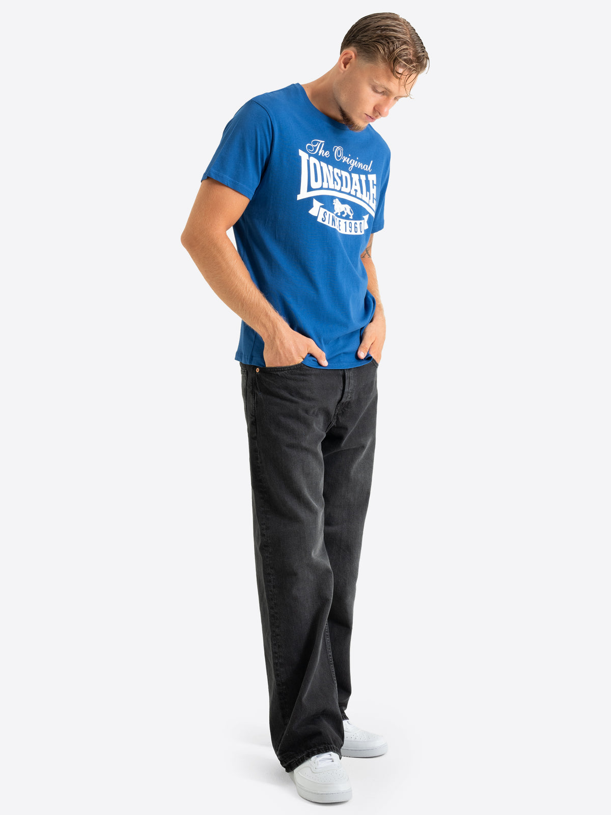 Blaues Lonsdale London Herren T-Shirt mit grossem weissem The Original Since 1960 Print.
