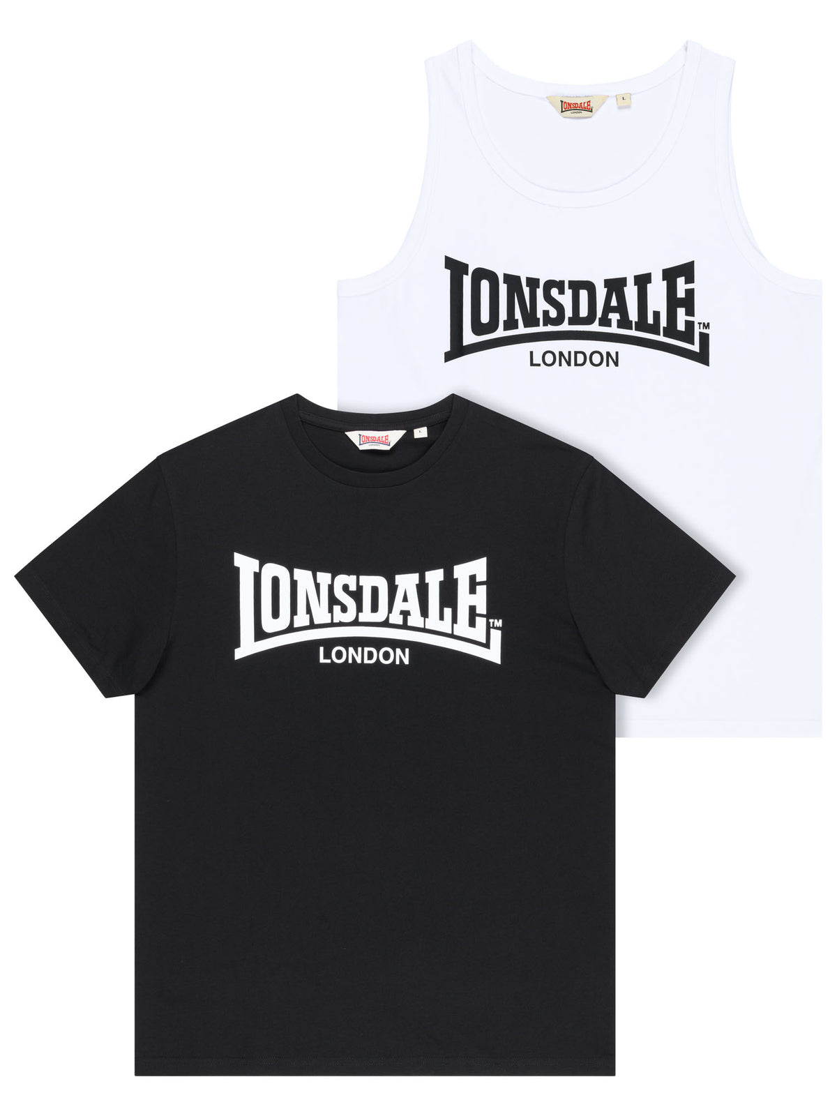Lonsdale London Set mit schwarzem Herren T-Shirt und weissem Tanktop mit grossem Logo.