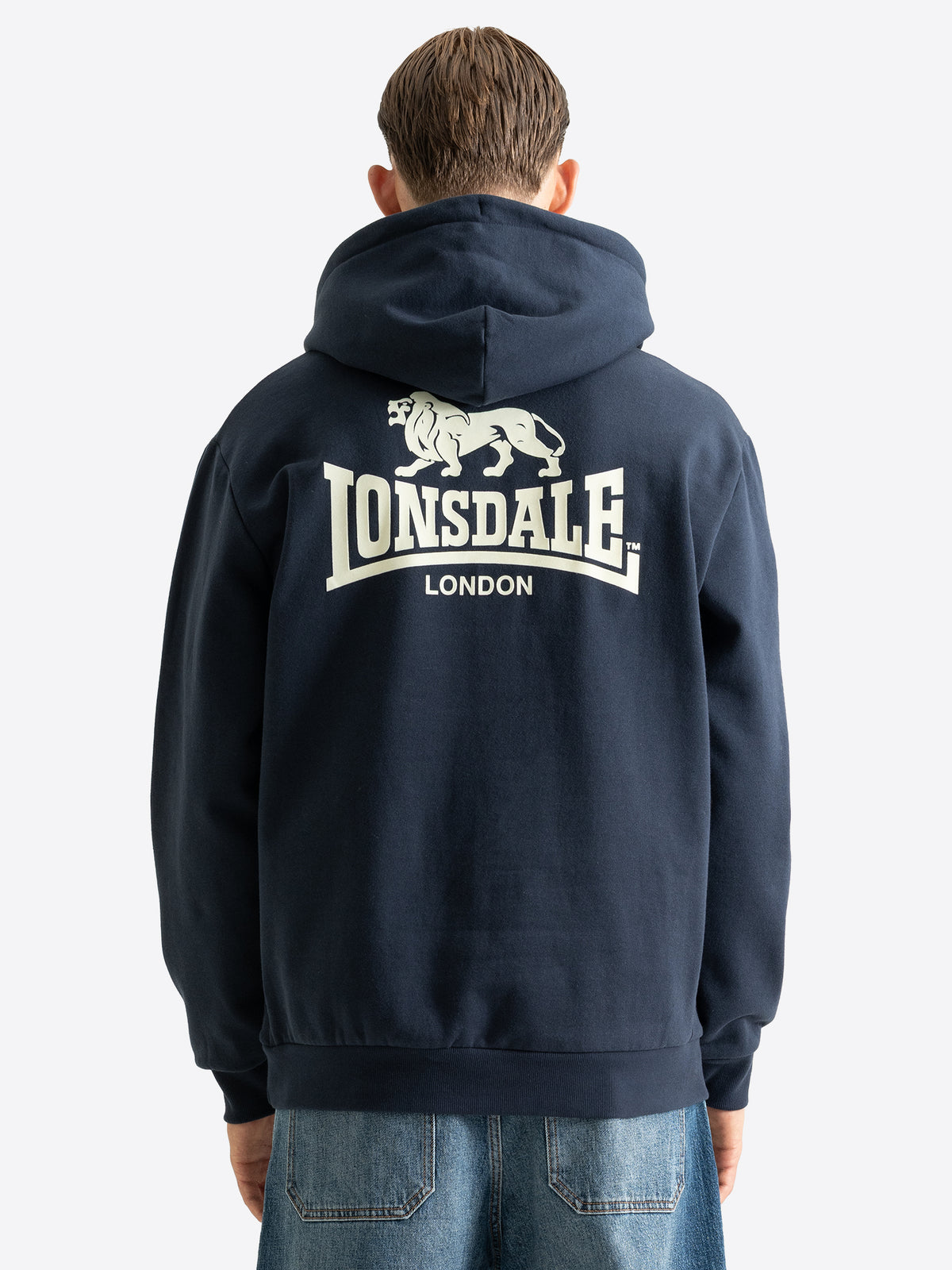 Dunkelblauer Lonsdale Herren-Hoodie mit weissem Logo-Druck auf der Rückseite.