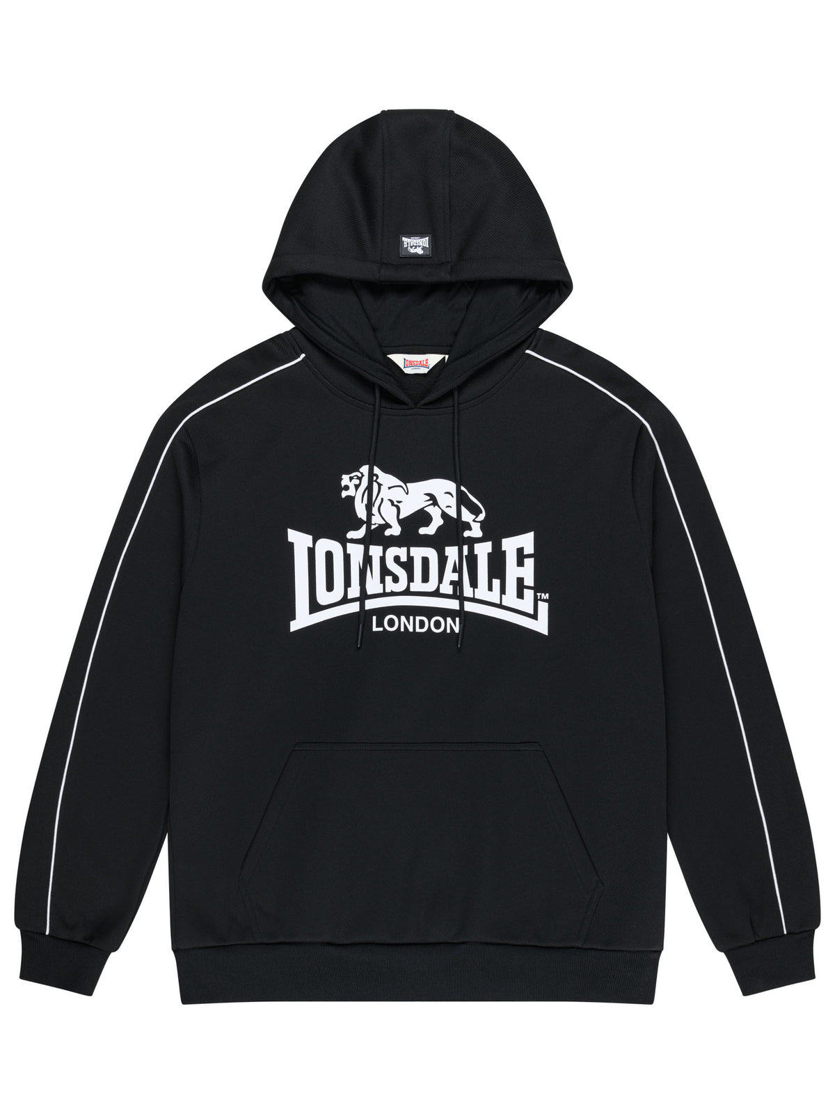 Schwarzer Lonsdale Herren-Hoodie mit grossem weissem Logo-Druck auf der Brust.
