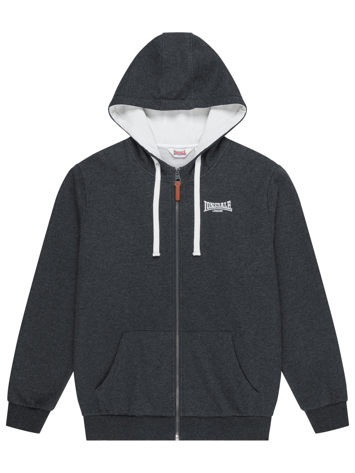 Anthrazitfarbene Lonsdale Herren-Kapuzensweatjacke mit Reissverschluss und Logo-Stick.