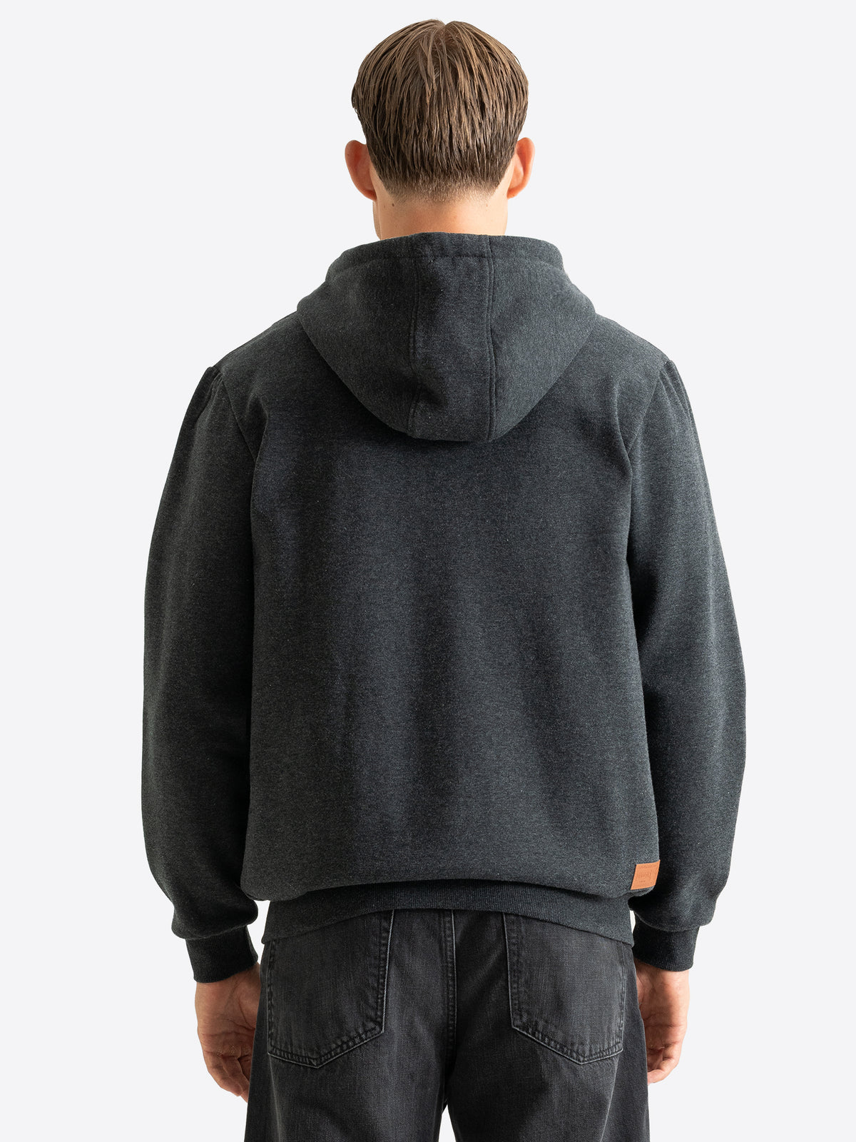 Rückansicht der anthrazitfarbenen Lonsdale Herren-Kapuzensweatjacke.