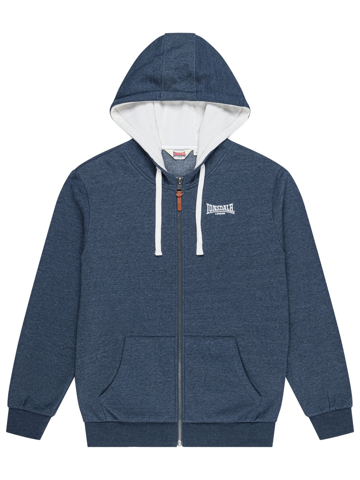 Dunkelblaue Lonsdale Herren-Kapuzensweatjacke mit Reissverschluss und Logo-Stick.