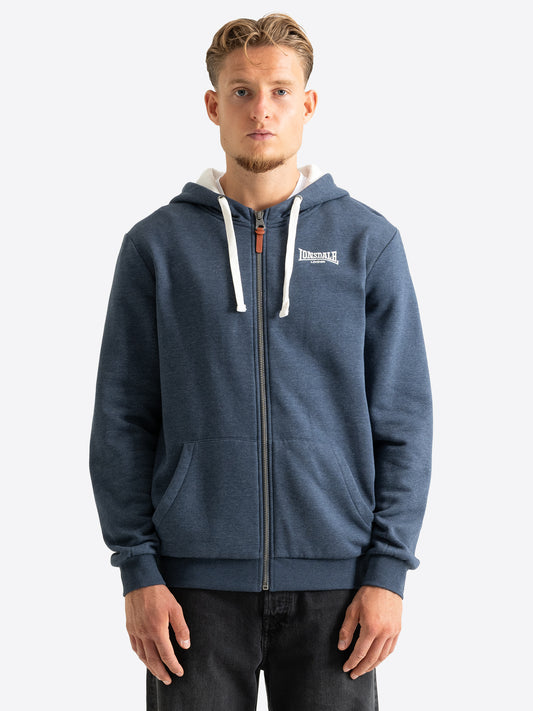 Dunkelblaue Lonsdale Herren-Kapuzensweatjacke mit Reissverschluss und Logo-Stick.