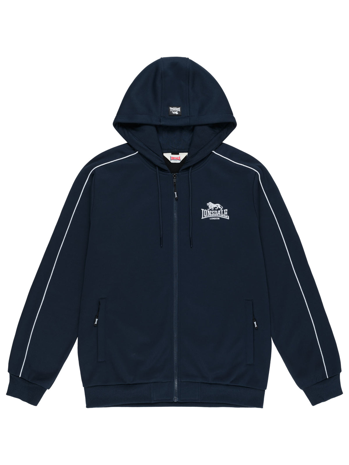 Lonsdale Herren-Kapuzensweatjacke in Dark Navy mit Reissverschluss, Logo-Stickerei und weissen Paspeln.

