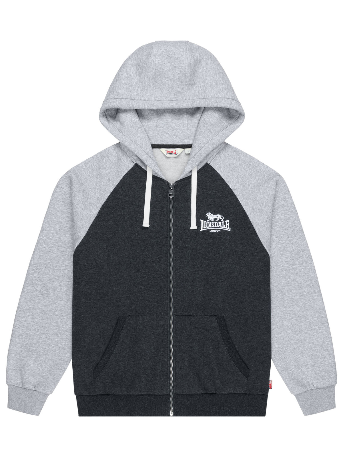  Lonsdale Herren Kapuzensweatjacke in Anthrazit und Grau mit Reissverschluss.