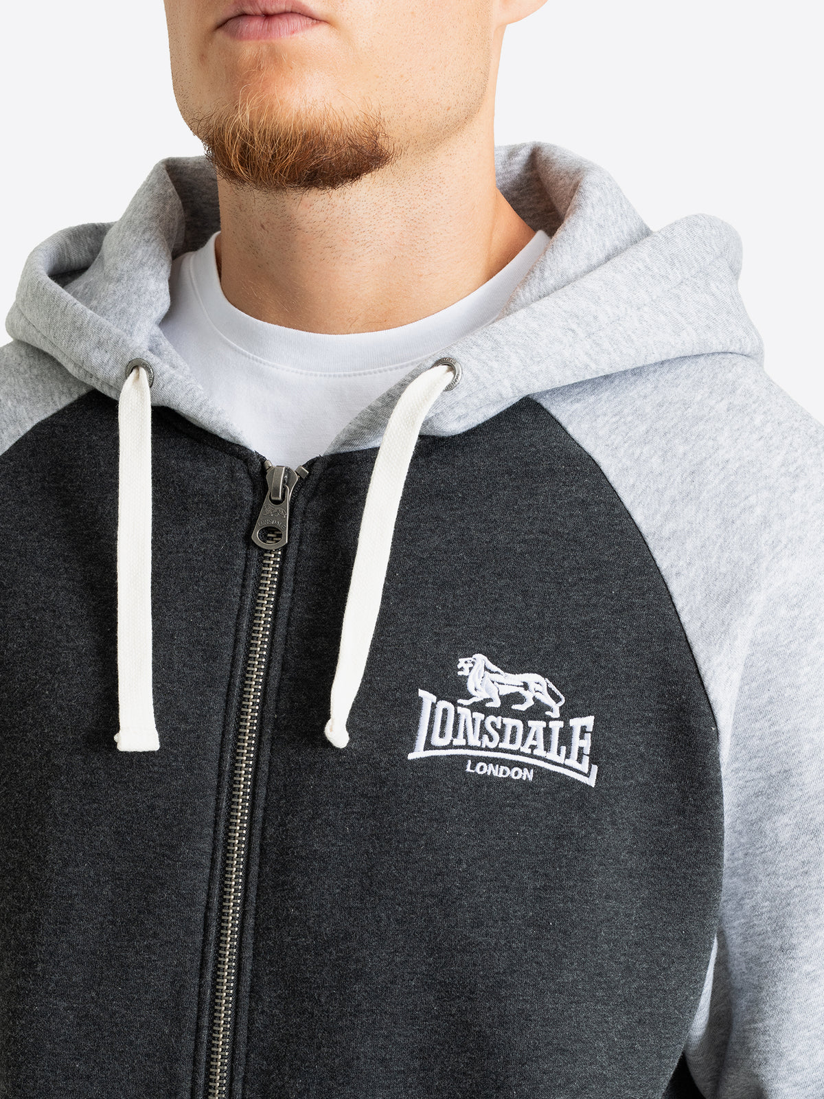  Lonsdale Herren Kapuzensweatjacke in Anthrazit und Grau mit Reissverschluss.