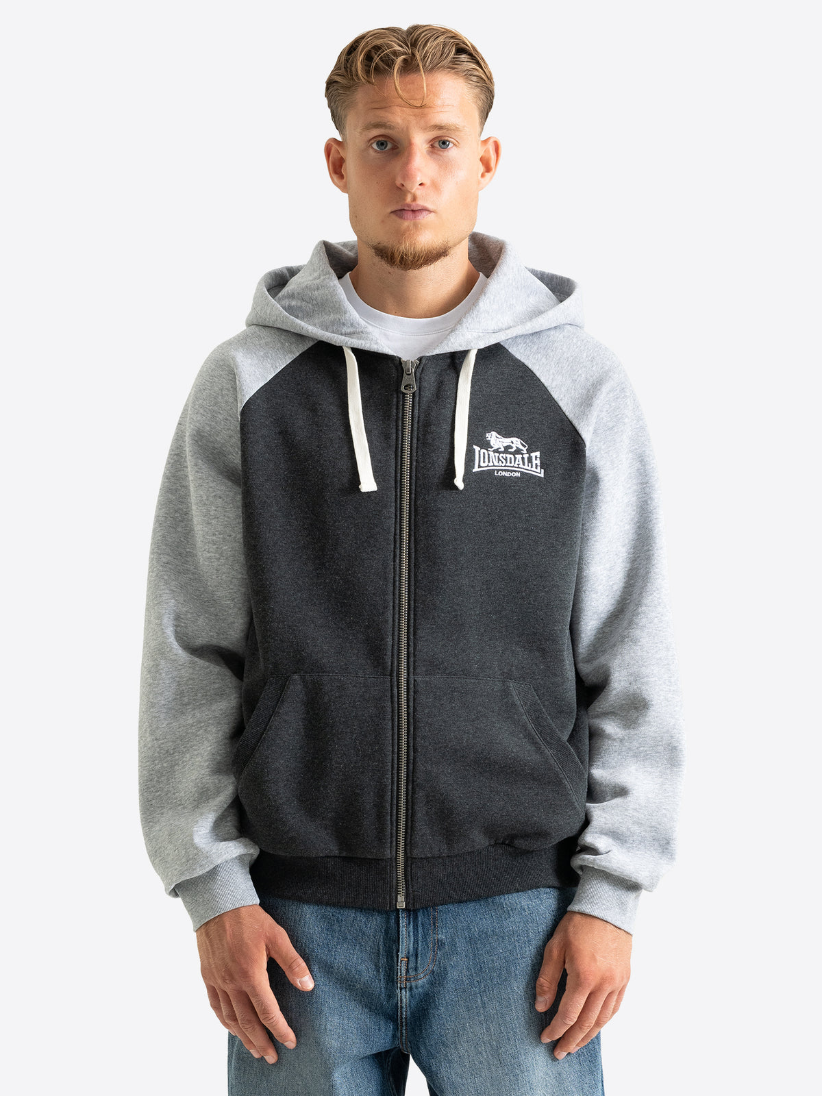  Lonsdale Herren Kapuzensweatjacke in Anthrazit und Grau mit Reissverschluss.