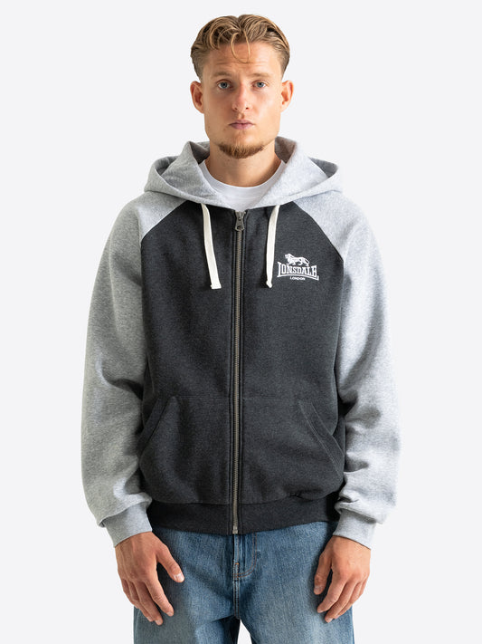  Lonsdale Herren Kapuzensweatjacke in Anthrazit und Grau mit Reissverschluss.
