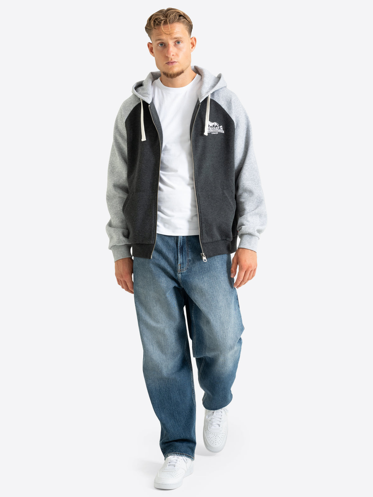 Lonsdale Herren Kapuzensweatjacke in Anthrazit und Grau mit Reissverschluss.