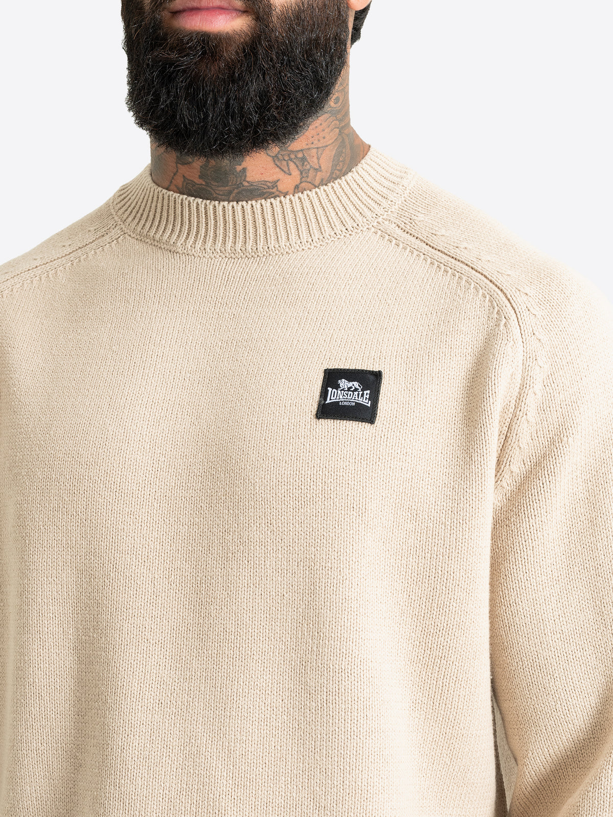 Sandfarbener Lonsdale Herren Strickpullover mit Rundhalsausschnitt