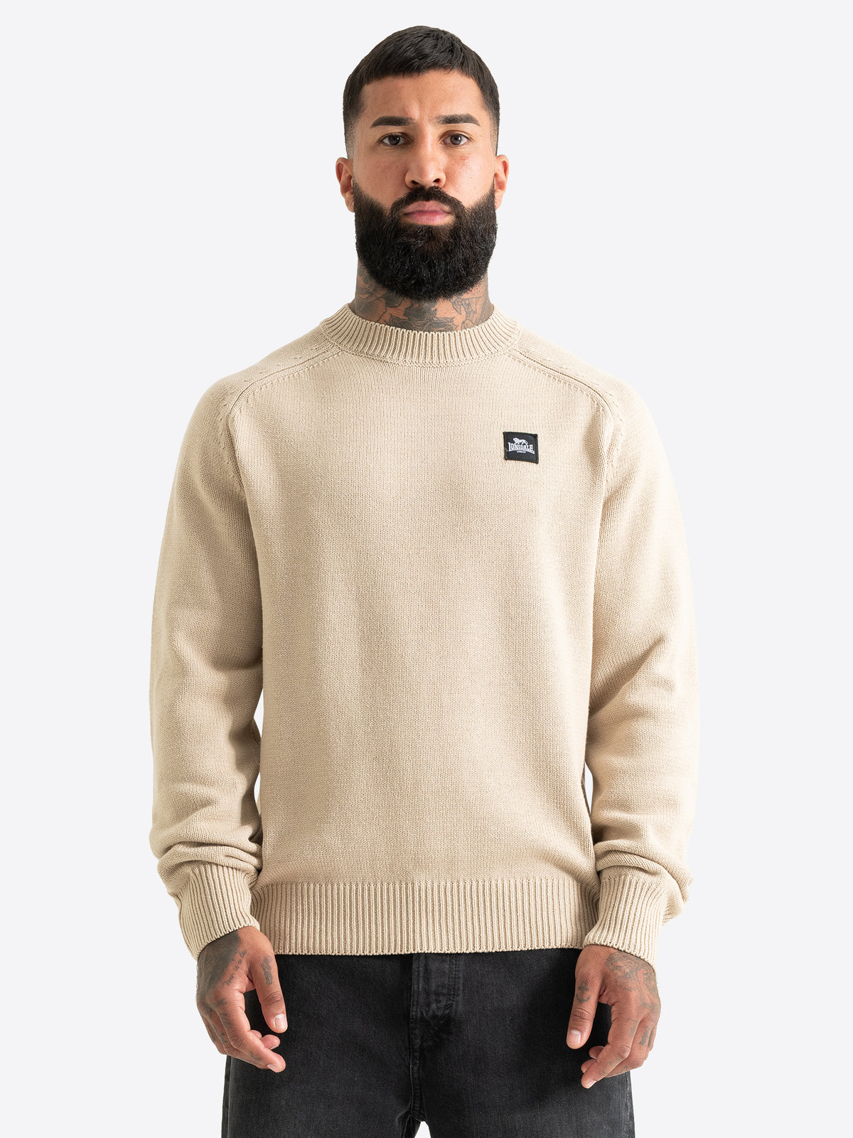 Sandfarbener Lonsdale Herren Strickpullover mit Rundhalsausschnitt