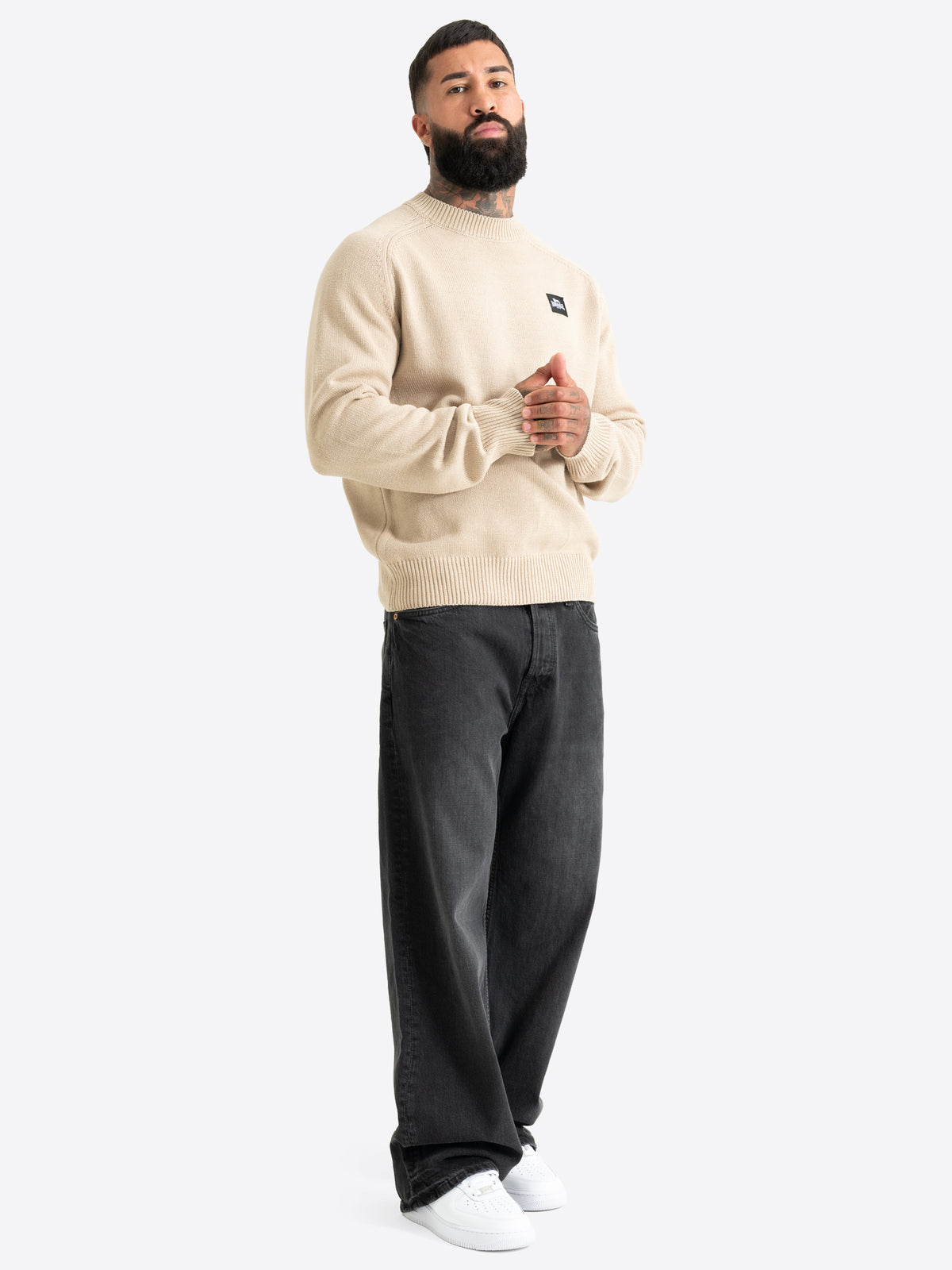 Sandfarbener Lonsdale Herren Strickpullover mit Rundhalsausschnitt