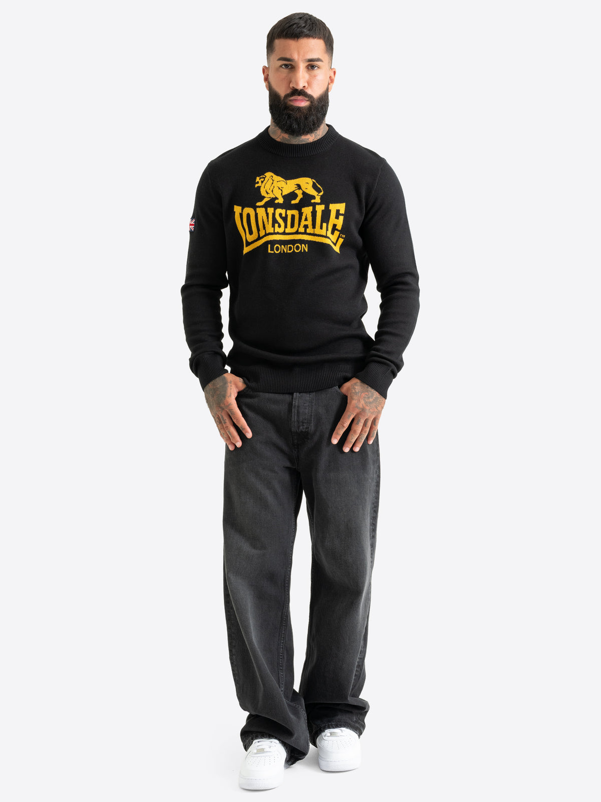 Schwarzer Lonsdale Herren Strickpullover mit gelbem Logo