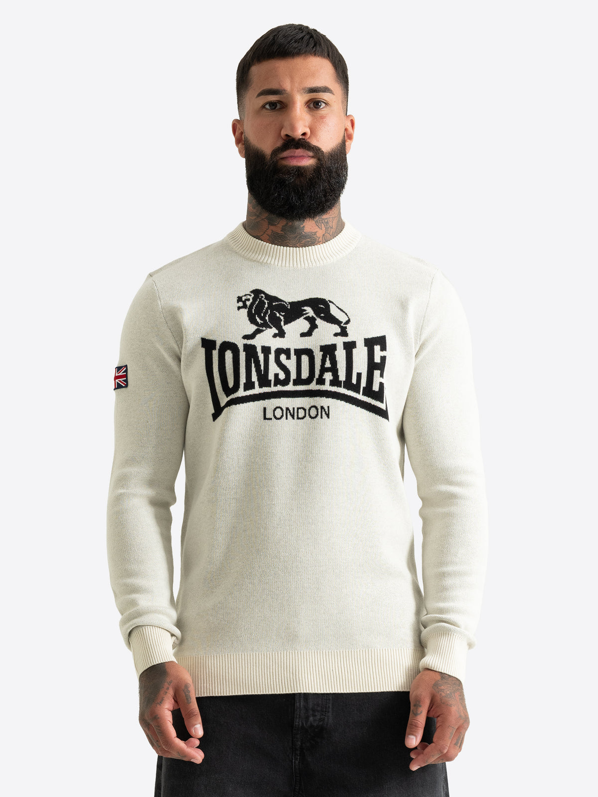 Beiger Lonsdale Herren Strickpullover mit schwarzem Logo