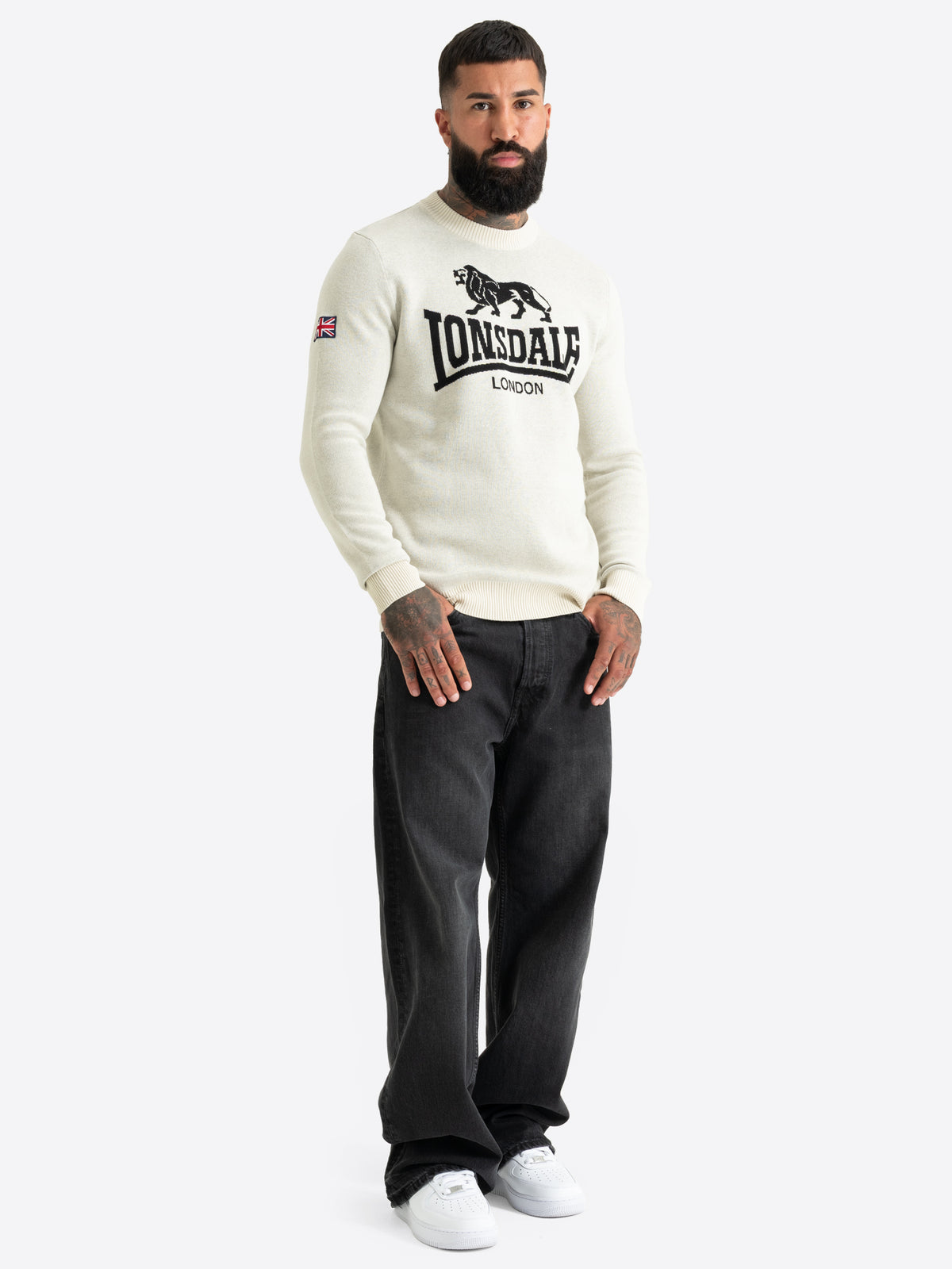 Beiger Lonsdale Herren Strickpullover mit schwarzem Logo