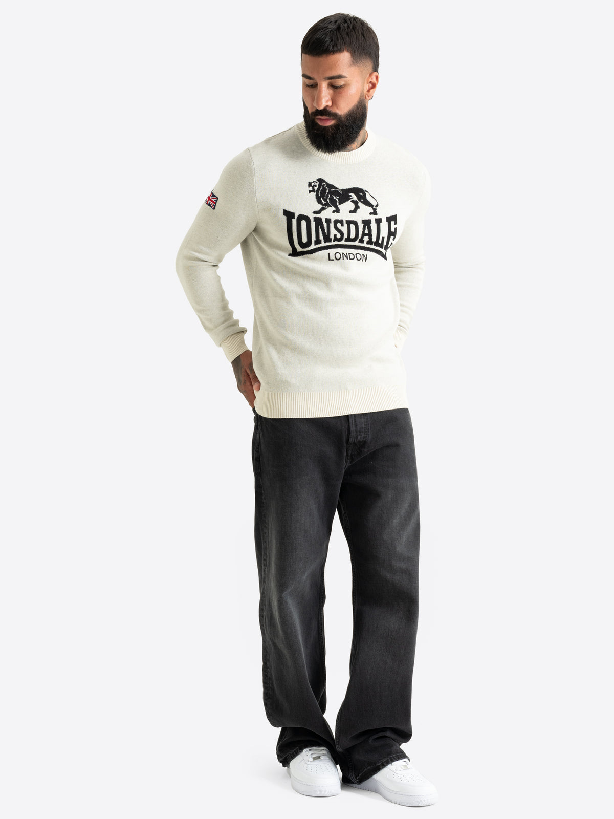 Beiger Lonsdale Herren Strickpullover mit schwarzem Logo
