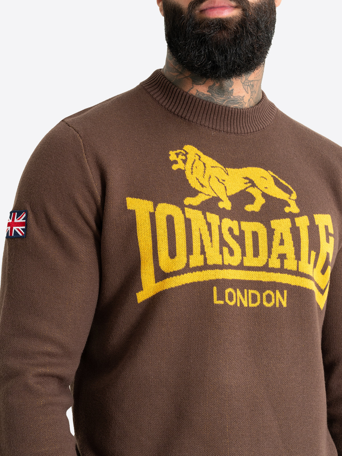 Brauner Lonsdale Herren Strickpullover mit gelbem Logo
