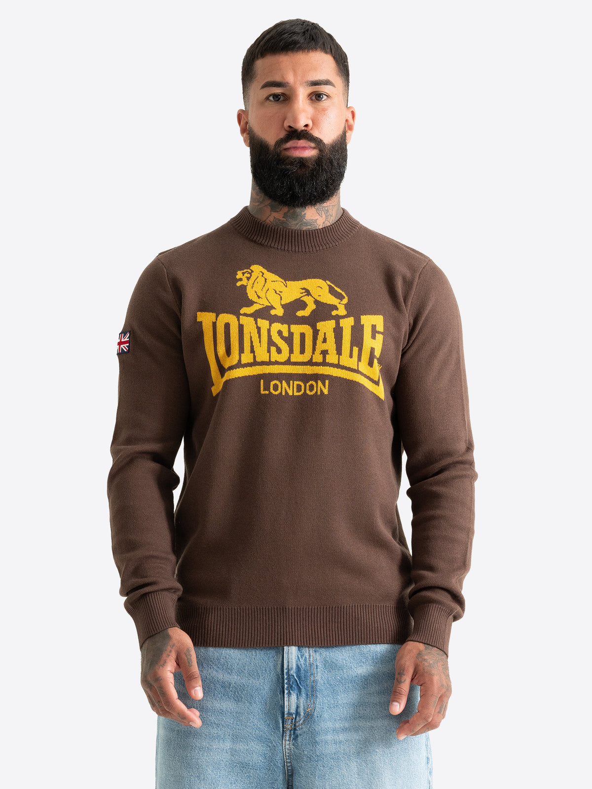 Brauner Lonsdale Herren Strickpullover mit gelbem Logo