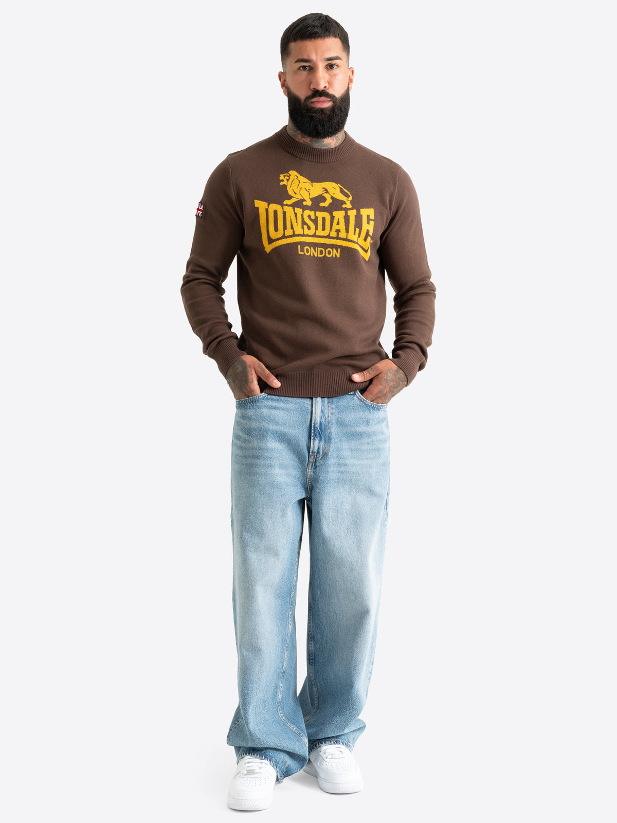 Brauner Lonsdale Herren Strickpullover mit gelbem Logo