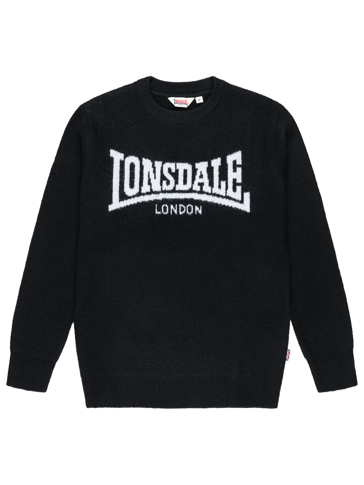 Lonsdale Herren Strickpullover in Schwarz mit weissem Jacquard-Logo.
