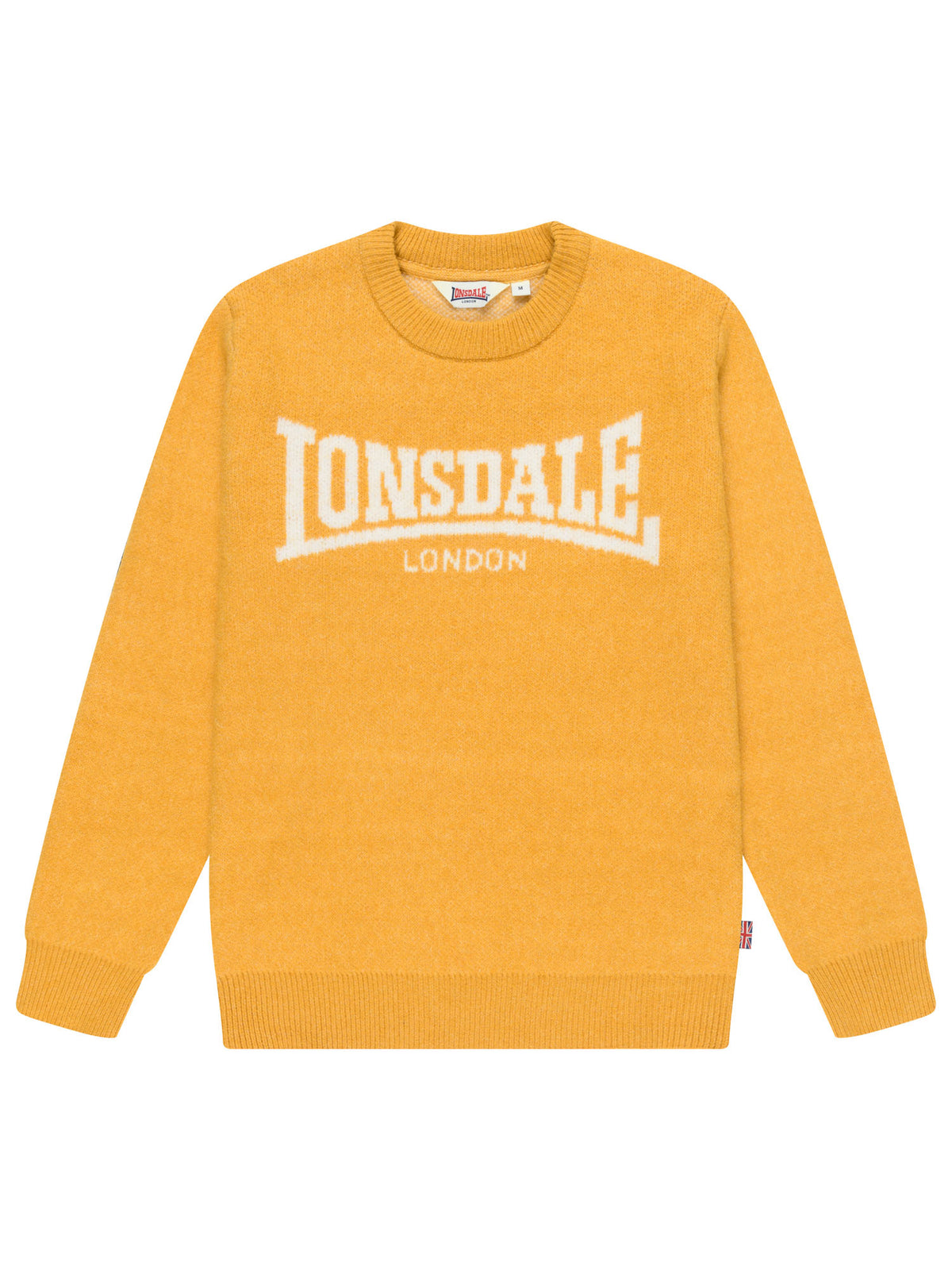 Lonsdale Herren Strickpullover in Senfgelb mit weissem Jacquard-Logo.