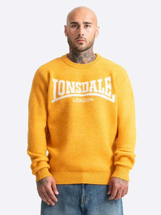 Lonsdale Herren Strickpullover in Senfgelb mit weissem Jacquard-Logo.