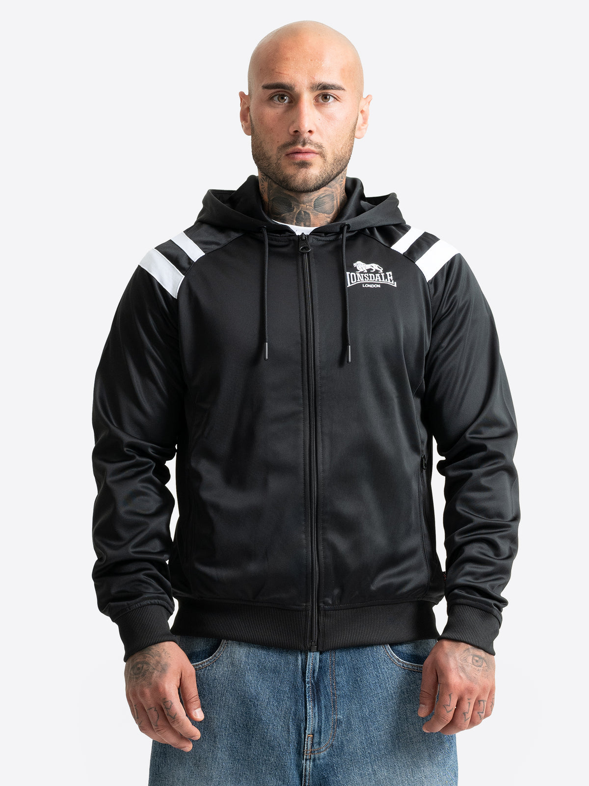 Schwarze Lonsdale Herren-Trainingsjacke mit Kapuze, normale Passform und Reissverschluss