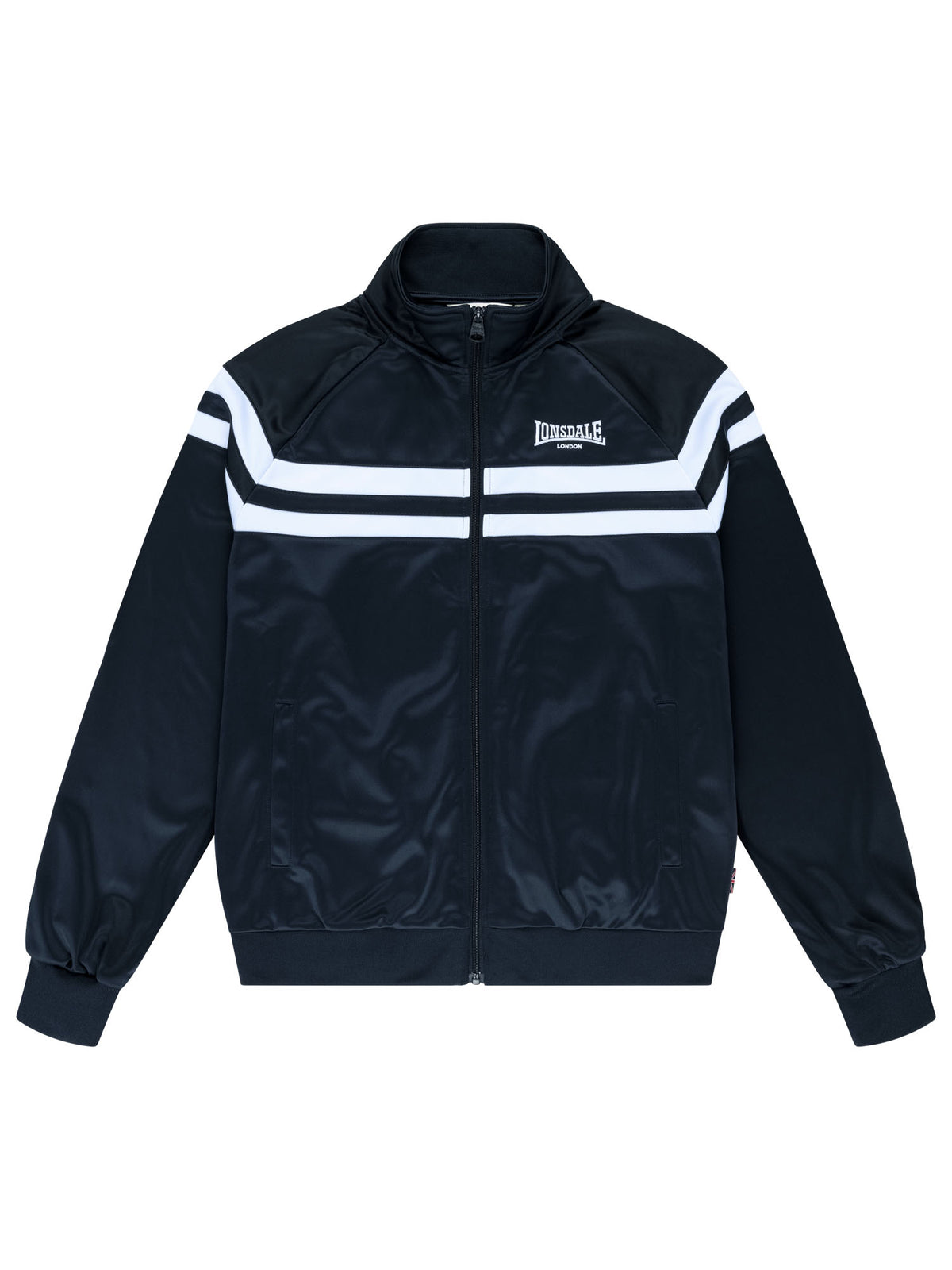 Lonsdale Herren-Trainingsjacke in Dark Navy mit Reissverschluss, gesticktem Logo und weissen Kontraststreifen.