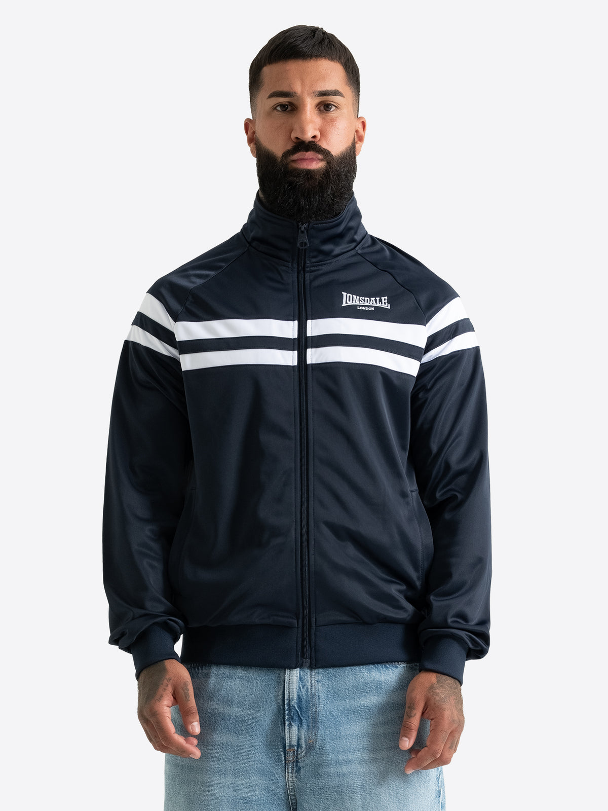 Lonsdale Herren-Trainingsjacke in Dark Navy mit Reissverschluss, gesticktem Logo und weissen Kontraststreifen.