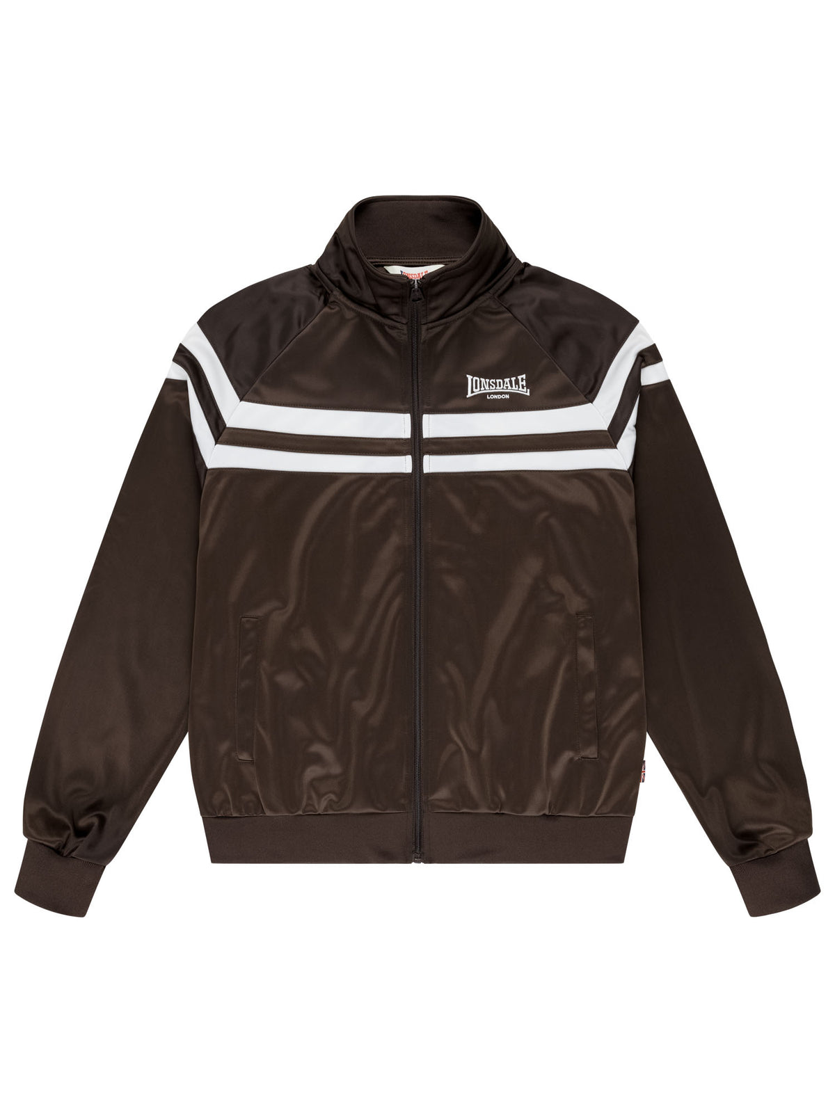 Braune Lonsdale Herren-Trainingsjacke mit Reissverschluss, gesticktem Logo und weissen Kontraststreifen.
