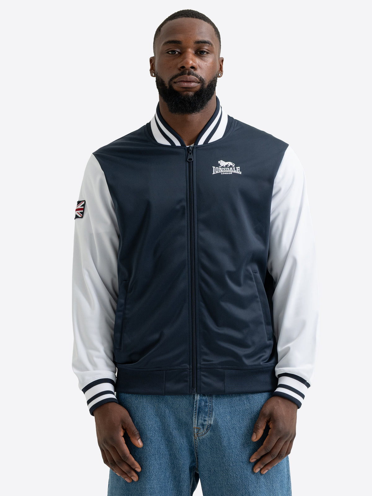 Lonsdale Herren Trainingsjacke in Darknavy und Weiss mit Logo Stickerei und Stehkragen