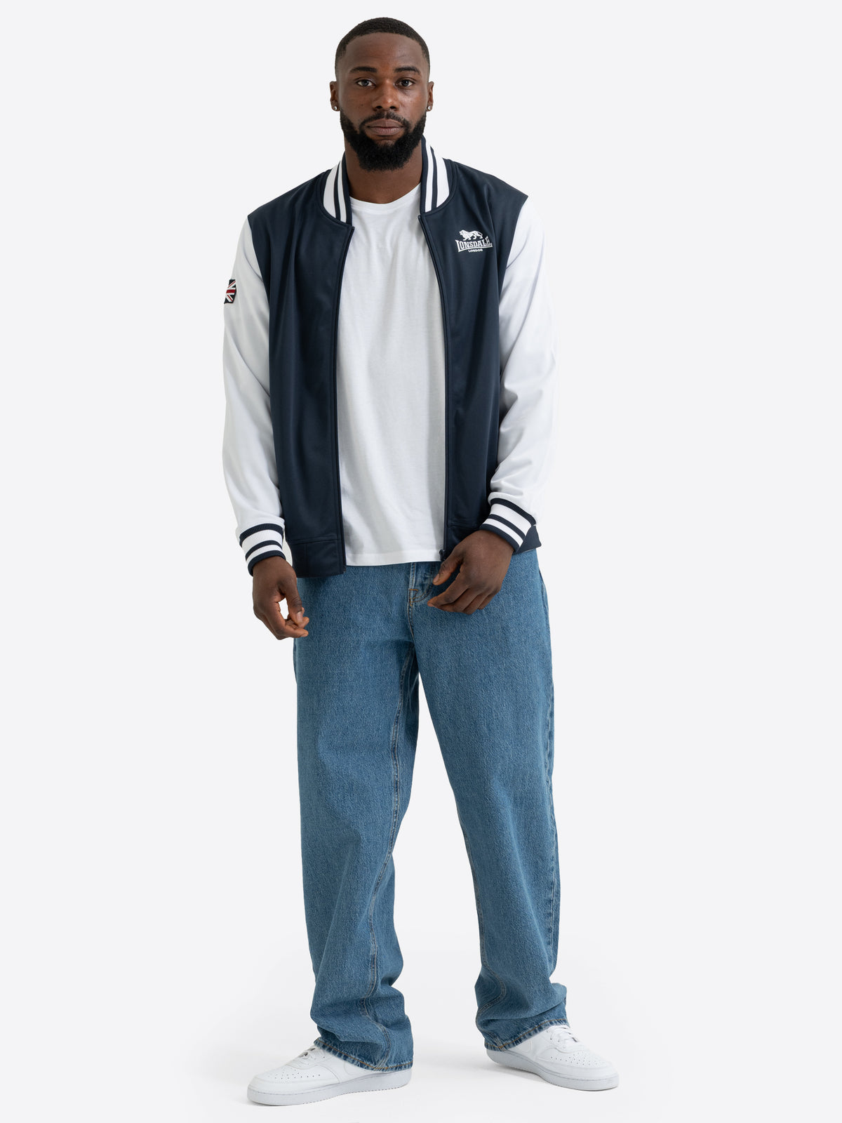 Lonsdale Herren Trainingsjacke in Darknavy und Weiss mit Logo Stickerei und Stehkragen