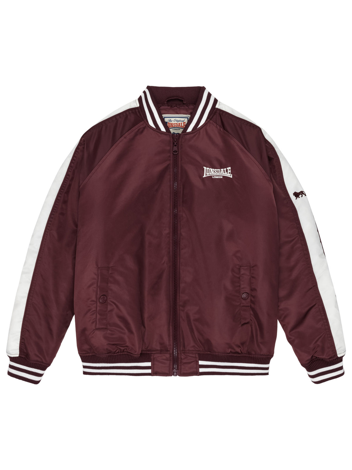 Lonsdale Herren-Collegejacke in Oxblood, normale Passform mit Reissverschluss und Logo-Stickerei