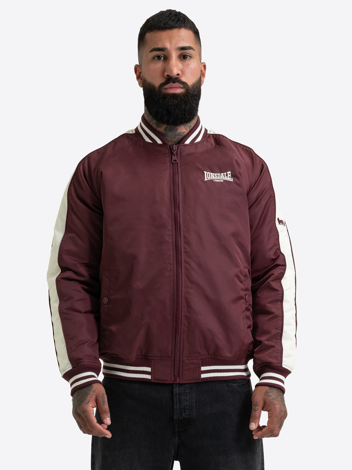 Lonsdale Herren-Collegejacke in Oxblood, normale Passform mit Reissverschluss und Logo-Stickerei
