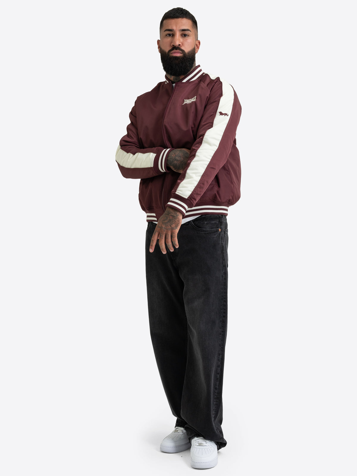 Lonsdale Herren-Collegejacke in Oxblood, normale Passform mit Reissverschluss und Logo-Stickerei