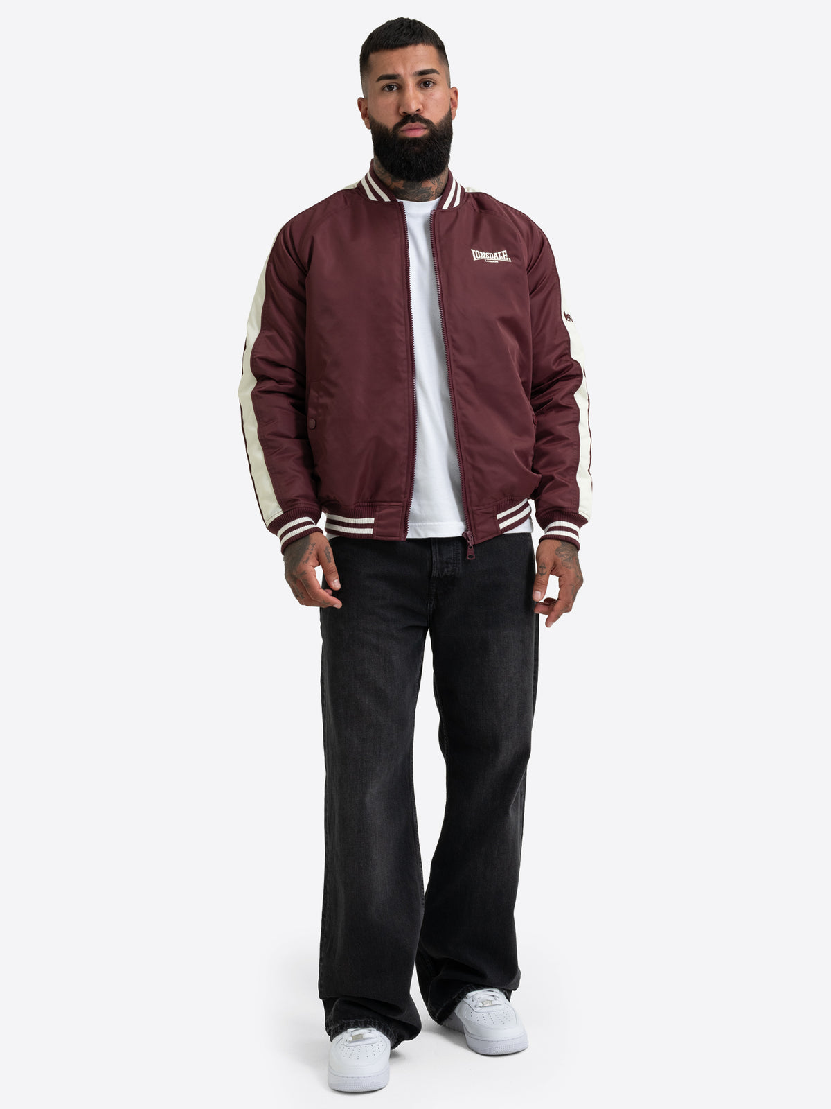 Lonsdale Herren-Collegejacke in Oxblood, normale Passform mit Reissverschluss und Logo-Stickerei