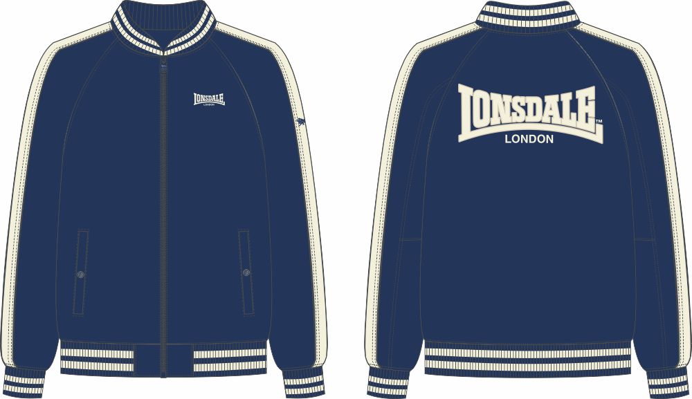Vorder- und Rückansicht der Lonsdale Herren-Collegejacke in Navy mit ecrufarbenem Logo-Schriftzug