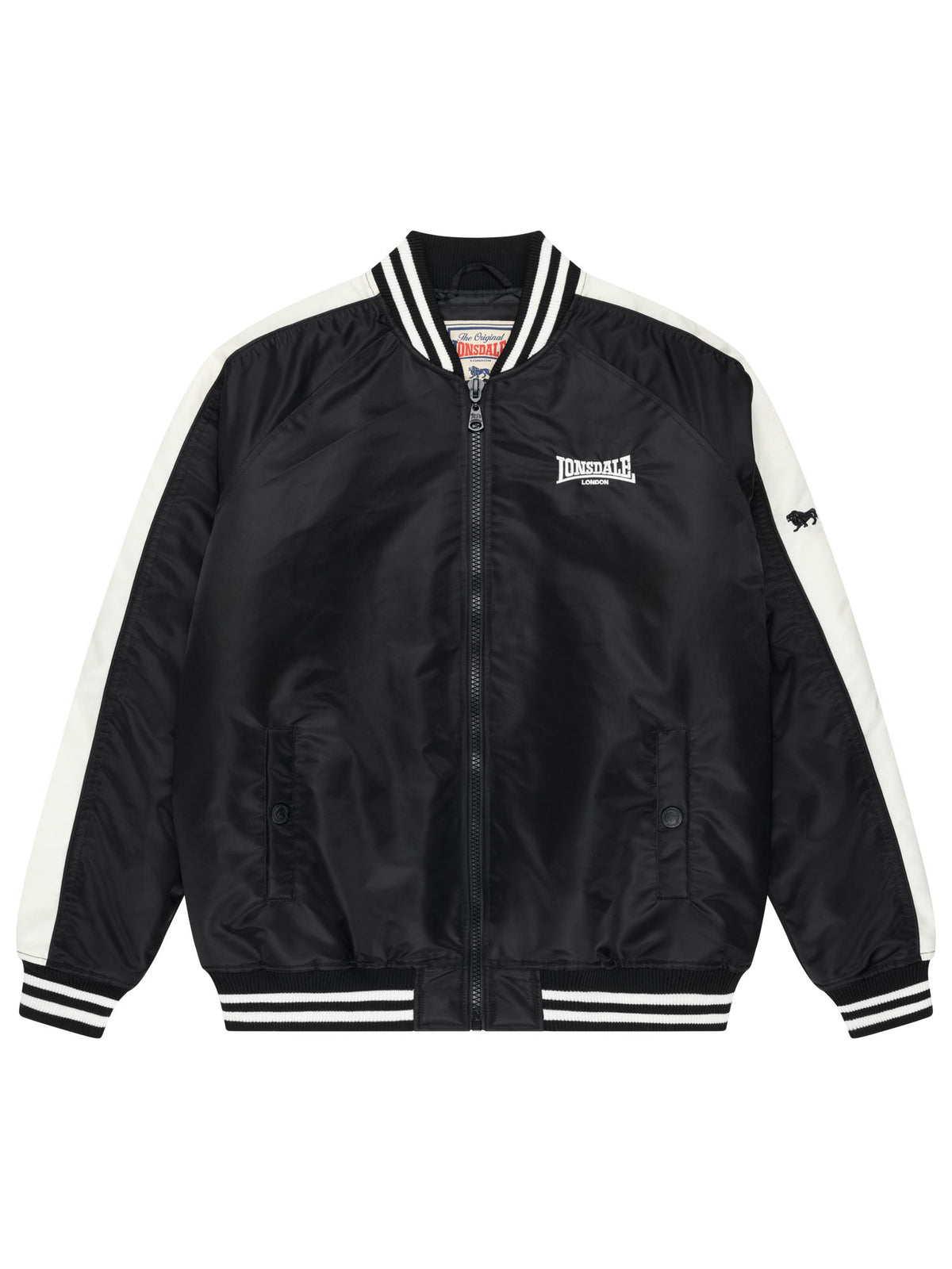 Lonsdale Herren-Collegejacke in Schwarz, normale Passform mit Reissverschluss und Logo-Stickerei