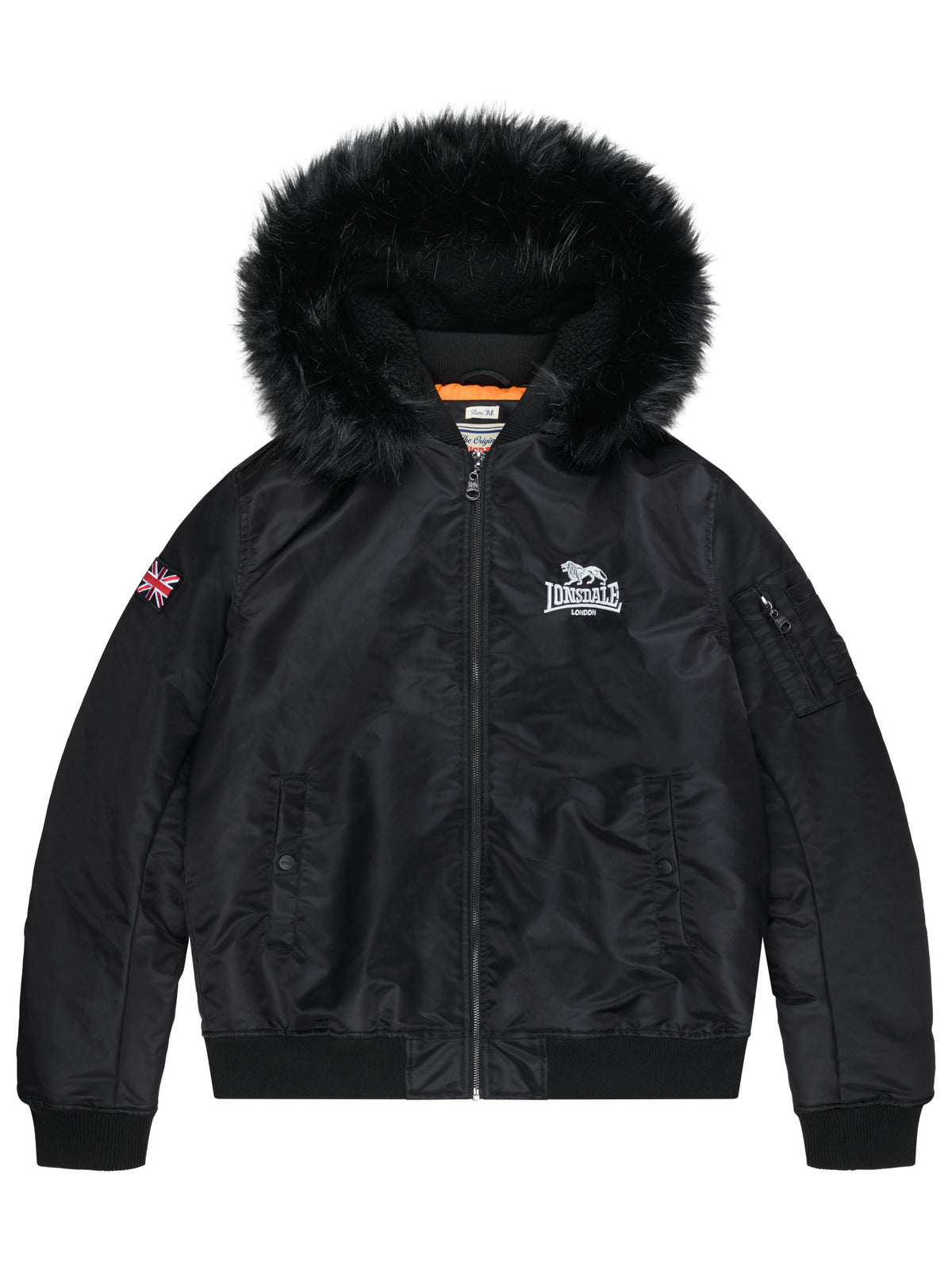Schwarze Lonsdale Herren-Winterjacke in sportlicher Slim-Fit Passform mit Fellkapuze.