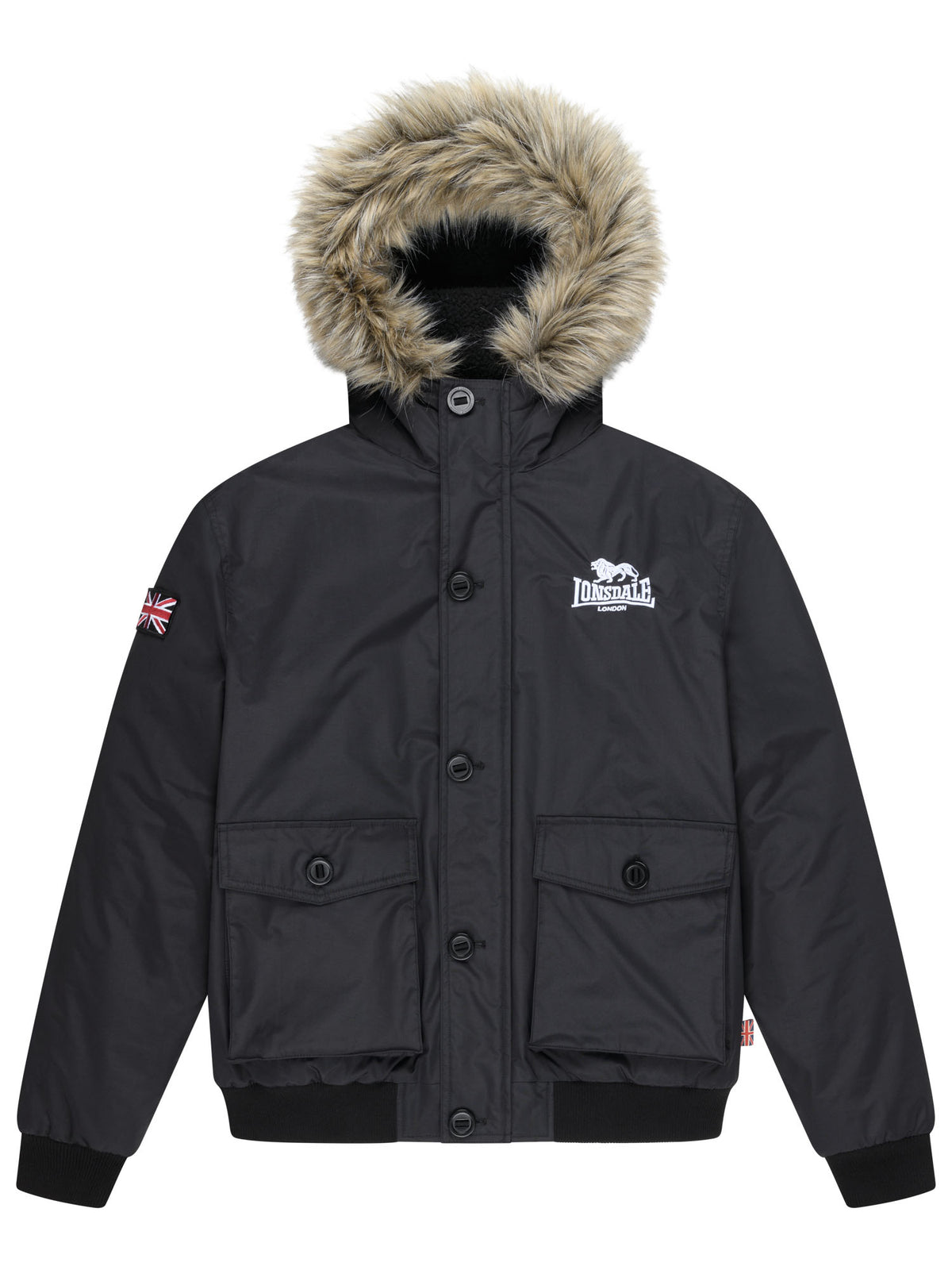 Schwarze Lonsdale Herren-Winterjacke mit Kapuze und Fell