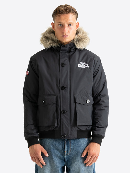 Schwarze Lonsdale Herren-Winterjacke mit Kapuze und Fell