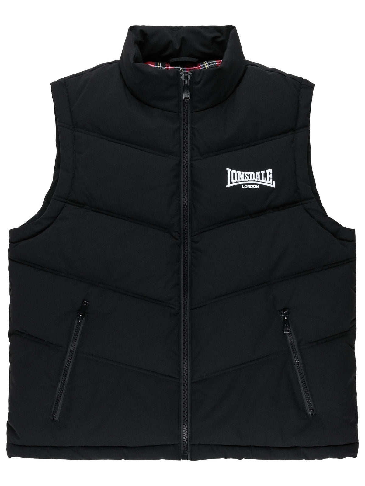 Schwarze Lonsdale Herren-Steppweste mit Stehkragen und weissem Logo-Stick auf der Brust.